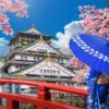 Asian,woman,wearing,japanese,traditional,kimono,looking,at,cherry,blossoms